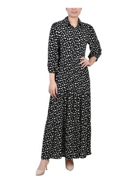 NY Collection Women's Medium Petite Black Floral Tiered Maxi Shirt Dress NWT